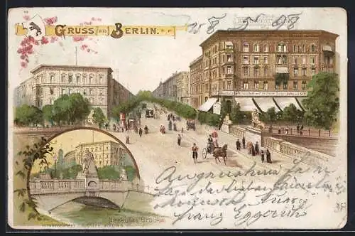 Lithographie Berlin-Tiergarten, Klingelhöferstrasse, der Albrechtshof mit der Herkules-Brücke