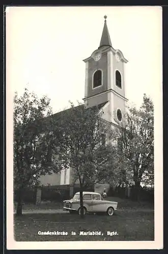 AK Mariabild /Bgld., Auto vor der Gnadenkirche