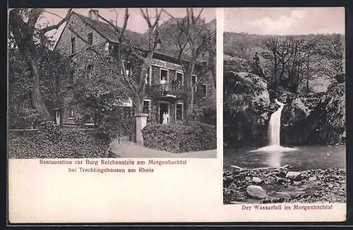 AK Trechtingshausen, Restauration zur Burg Reichenstein am Morgenbachtal, Wasserfall im Morgenbachtal