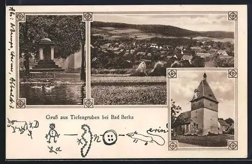 AK Tiefengruben b. Bad Berka, Ortsansicht aus der Vogelschau, Kirche und Denkmal