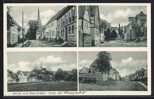 AK Krautheim / Weimar, Panorama des Ortes, Strassenpartien, Ortspartie mit Denkmal auf einem Podest