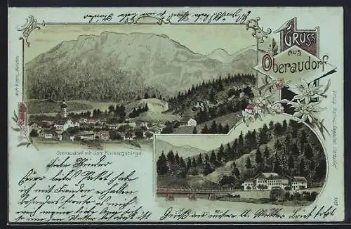 Lithographie Oberaudorf, Zollhaus am Inn, Teilansicht mit dem Kaisergebirge