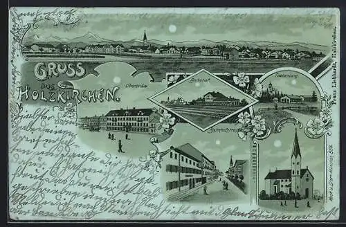 Mondschein-Lithographie Holzkirchen / Obb., Gasthaus Oberbräu, Bahnhof, Bahnhofstrasse