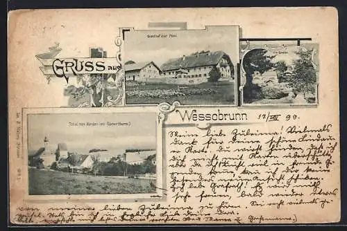 AK Wessobrunn, Gasthof zur Post, Drei Quellen, Totalansicht von Norden mit Römerturm