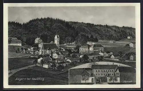 Künstler-AK Alzgern / Neuötting, Teilansicht mit Kirche, Pfarrhof