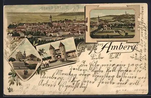 Lithographie Amberg, Mariahilfberg Kirche und Franziskanerkloster, Tor, Ortspartie