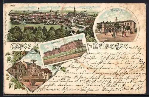 Lithographie Erlangen, Kaserne, Bahnhof, Kunstbrunnen