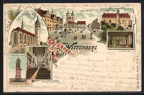 Lithographie Wittenberg / Elbe, Schlosskirche, Innenansicht, Marktplatz