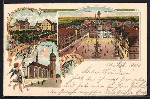 Lithographie Wittenberg / Elbe, Panorama vom Stadtthurm, Schlosskirche, Lutherhaus