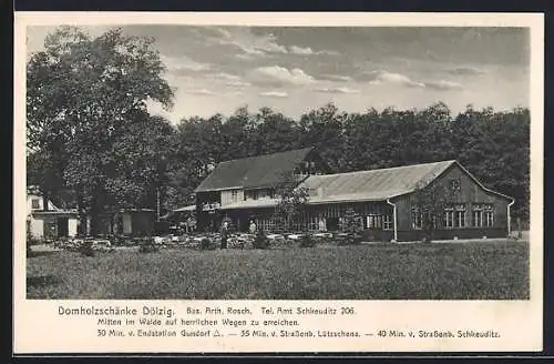 AK Dölzig bei Schkeuditz, Gasthaus Domholzschänke A. Rosch, mit Garten