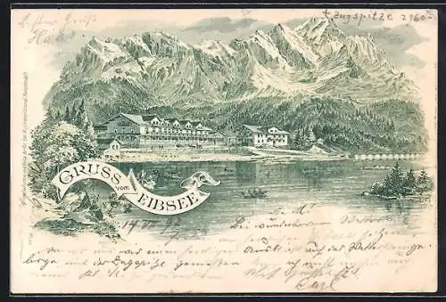 Lithographie Eibsee, Blick über den See ins Gebirge