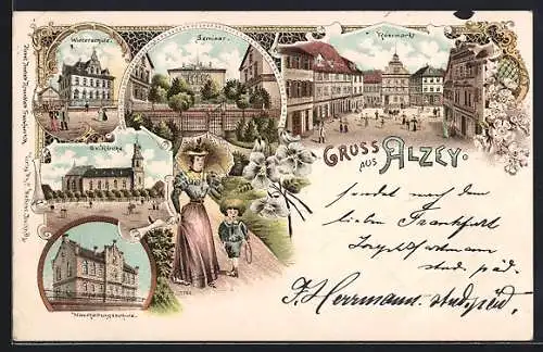 Lithographie Alzey, Winterschule, Haushaltungsschule, Ev. Kirche, Rossmarkt