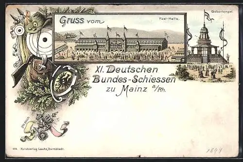 Lithographie Mainz a. Rh., Festhalle, Gabentempel, XI. Dt. Bundesschiessen, Schützenverein