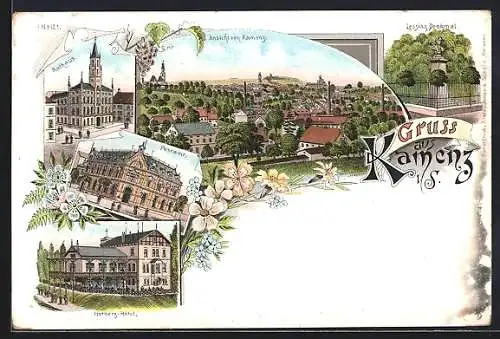 Lithographie Kamenz i. S., Hutberg-Hôtel, Postamt, Rathaus