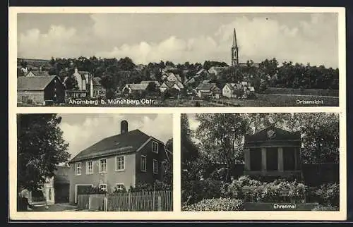 AK Ahornberg /Münchberg, Ehrenmal, Gebäude, Gesamtansicht