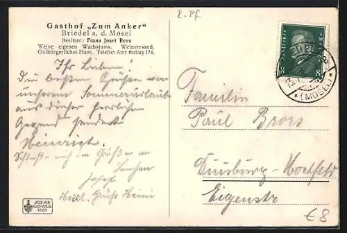 AK Briedel a. d. Mosel, Ortsansicht, Gasthof Zum Anker