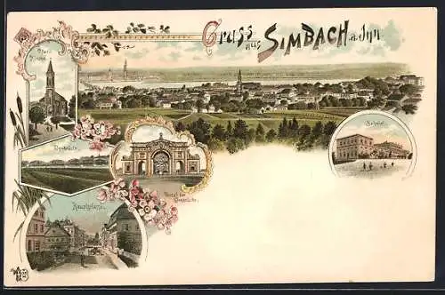 Lithographie Simbach a. Inn, Bahnhof, Hauptstrasse, Innbrücke, Portal d. Innbrücke, Pfarrkirche