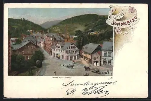 AK Sonneberg / S.-M., Untere Markt-Strasse mit Bergen aus der Vogelschau
