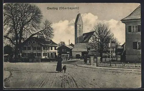 AK Gauting / Oberbayern, Strassenpartie mit Blick zur Kirche