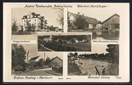 AK Gauting, Austria Tabakwarenfabrik am Bahnhof, Kriegerdenkmal, Hist. Reismühle