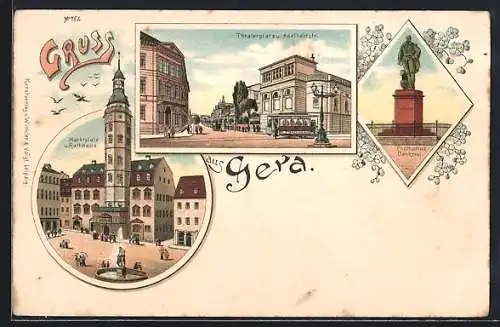 Lithographie Gera, Marktplatz u. Rathaus, Theaterplatz u. Adelheidstrasse mit Strassenbahn, Posthumus-Denkmal