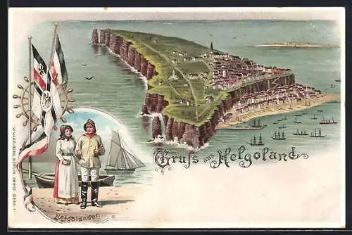 Lithographie Helgoland, Inselansicht, 2 Helgoländer, Fahnen