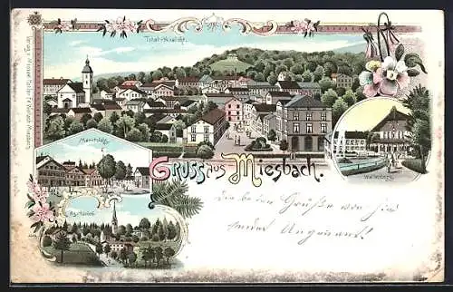 Lithographie Miesbach, Wallenburg, Marktplatz, Agatharied