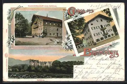 Lithographie Brannenburg, Gasthaus zum Schloss, Schloss, Nebengebäude