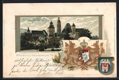 Passepartout-Lithographie Weissenburg / Bayern, Ellinger-Thor-Partie, Wappen