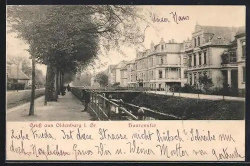 AK Oldenburg i. Gr., Haarenufer, Strassenpartie mit Brücke