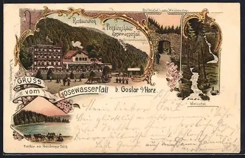 Lithographie Goslar, Restaurant und Pension Gosewasserfall, Stollenpfad Weinbergstieg