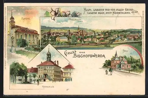 Lithographie Bischofswerda, Rathaus, Panorama, Kirche