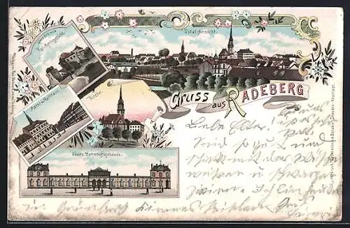 Lithographie Radeberg, Neues Bahnhofsgebäude, Kirche, Kgl. Amtsgericht