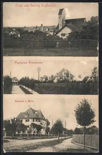 AK Gauting, Villenkolonie am Pippinplatz, Gasthaus zum Bären, Teilansicht mit Kirche