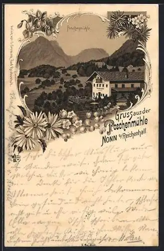 Lithographie Nonn bei Reichenhall, Gasthaus Poschenmühle, Panorama