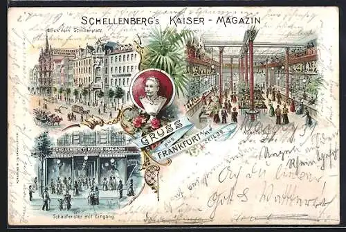 Lithographie Frankfurt a. M., Kaufhaus Schellenbergs Kaiser-Magazin, Zeil 39, Strassenansichten und Ausstellhalle