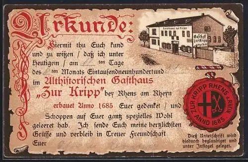 Lithographie Rhens a. Rhein, Gasthaus Zur Kripp, Trinkergrusskarte