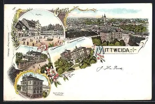 Lithographie Mittweida, Technikum, Villa Holzt, Markt, Ortsansicht aus der Vogelschau