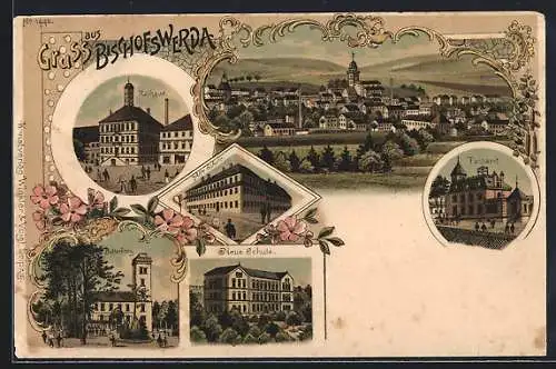 Lithographie Bischofswerda, Rathaus, Neue Schule, Totalansicht