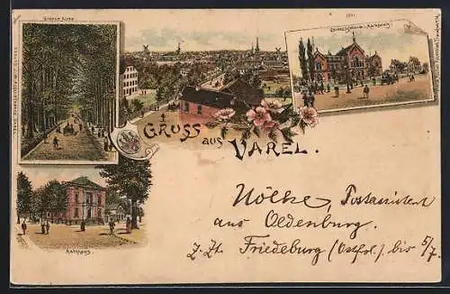 Lithographie Varel / Oldenburg, Grosse Allee, Rathaus, Totalansicht, Gerichtsgebäude und Marktplatz