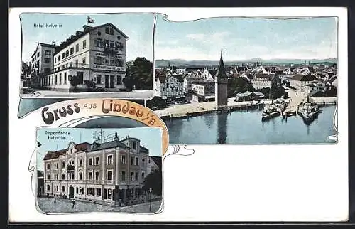 AK Lindau / Bodensee, Hotel Helvetia, Dependance Helvetia, Hafen mit Dampfer