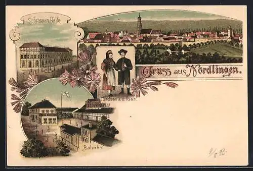 Lithographie Nördlingen, Ortsansicht, Schrannen Halle, Bahnhof