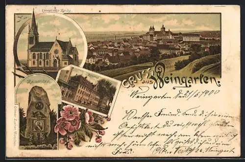 Lithographie Weingarten / Württ., Ortsansicht, Ev. Kirche, Kaserne, Kaiserstein