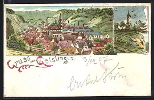 Lithographie Geislingen / Steige, Partie an der Kirche, Burg Ödenturm