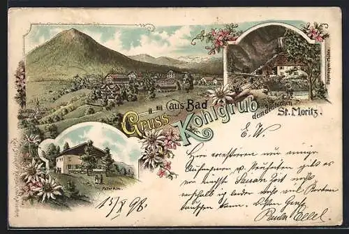 Lithographie Bad Kohlgrub, Faller Alm, Bayersoyen-Mühle, Ortspartie im Gebirge