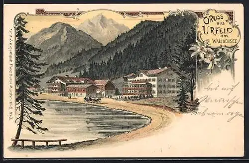 Lithographie Urfeld / Walchensee, Blick nach dem Ort