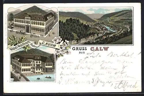 Lithographie Calw, Ortsansicht von oben, Hotel Waldhorn, Bootspartie