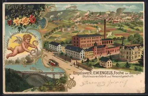 Lithographie Foche bei Solingen, Engelswerk C. W. Engels Stahlwarenfabrik & Versandgeschäft, Kaiser Wilhelm Brücke