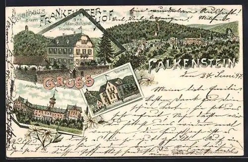 Lithographie Falkenstein / Taunus, Heilanstalt, Villa Altkönig, Gasthaus zum Frankfurter Hof