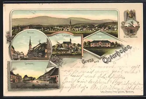 Lithographie Osterhofen, Totalansicht, Vorstadt, Kloster Damenstift, Krankenhaus, Stadtplatz, Stadtwappen